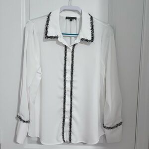 White Button-Up Shirt with Black Trim